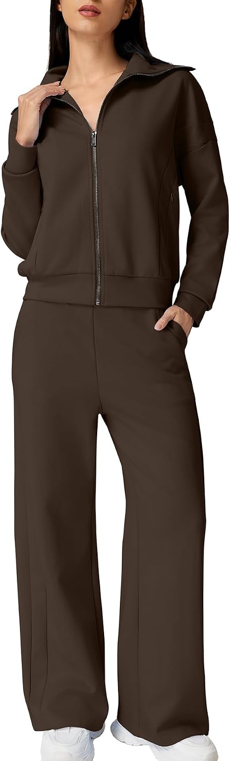QINSEN Women's Cotton 2 Piece Outfits Lapel Long Sleeve Zip Up Sweatshirt Wide Leg Pants Matching Tracksuit Sets