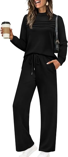 WIHOLL Two Piece Sets for Women Fall Travel Vacation Outfits 2026 Long Sleeve Lounge Sets Side Slit Wide Leg Pants XS-3XL