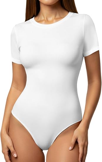 YOGINGO Womens Short Sleeve Bodysuit Crew Neck Slim Fit Basic Body Suit Top Soft Stretch Leotard