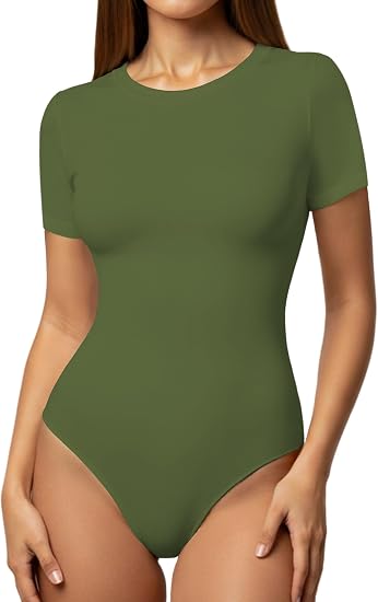 YOGINGO Womens Short Sleeve Bodysuit Crew Neck Slim Fit Basic Body Suit Top Soft Stretch Leotard