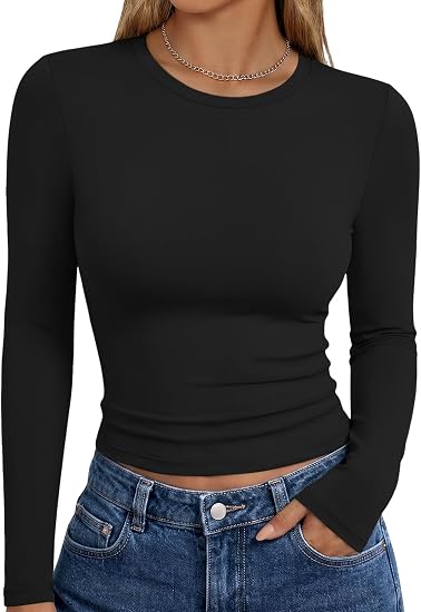 Trendy Queen Womens Long Sleeve T Shirts Fall Fashion Basic Y2K Tops 2026 | Buttery-Soft, Super Stretchy, Fitted Cute Tops, Going Out Basic Tees, Compression Underscrubs Shirts