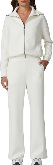 QINSEN Women's Cotton 2 Piece Outfits Lapel Long Sleeve Zip Up Sweatshirt Wide Leg Pants Matching Tracksuit Sets