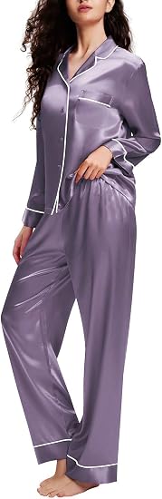 Lonxu Silk Satin Womens Pajama Sets Button Down Sleepwear Loungewear XS~3XL