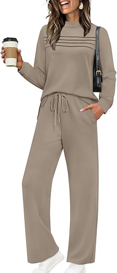 WIHOLL Two Piece Sets for Women Fall Travel Vacation Outfits 2026 Long Sleeve Lounge Sets Side Slit Wide Leg Pants XS-3XL