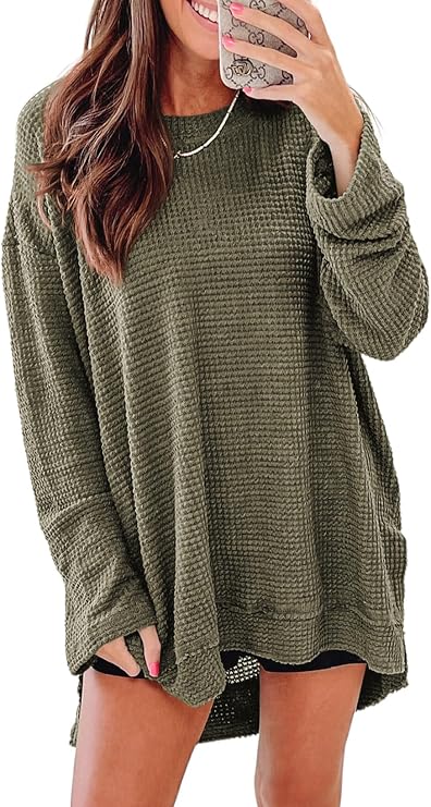 SHEWIN Oversized Sweatshirt for Women Crewneck Long Sleeve Waffle Knit Fall Tops for Women 2026