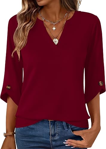 Kistore Womens 3/4 Length Sleeve Tunic Tops Casual Business Work Blouses | V Neck Shirts,Trendy Flowy Tees,Soft,Lightweight,Ladies Elegant Blouse,Formal Classy Tunic