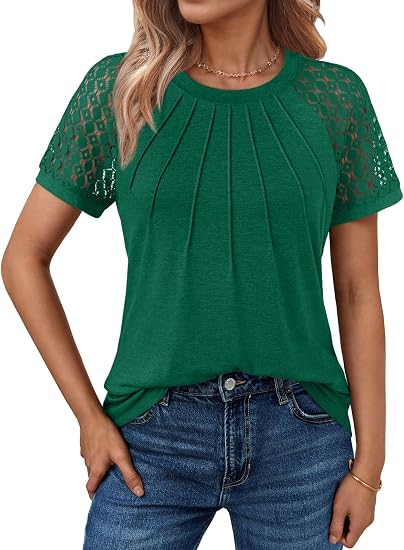 AUTOMET Women's Lace Short Sleeve Tops Business Casual Outfits Work Shirts