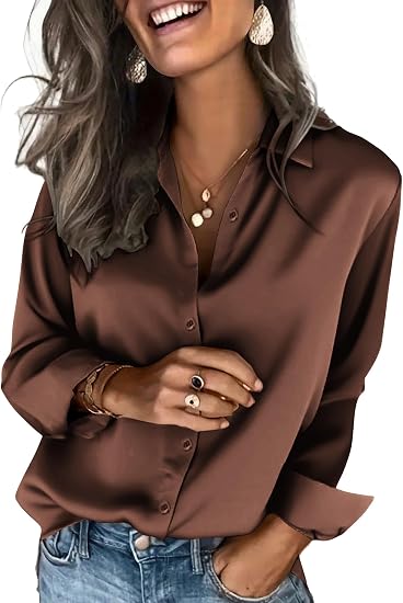 Zeagoo Satin Blouses for Women Silk Button Down Shirts Long Sleeve Tops | Dressy Casual Shirts, Business Casual Outfits, Ladys Fashion Clothes for Spring Summer Fall