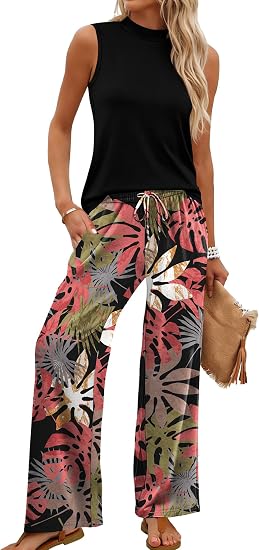 WIHOLL Two Piece Set for Women Summer Spring Outfits Cruise Travel Airport Beach Vacation Mock Neck Wide Leg Pants Set