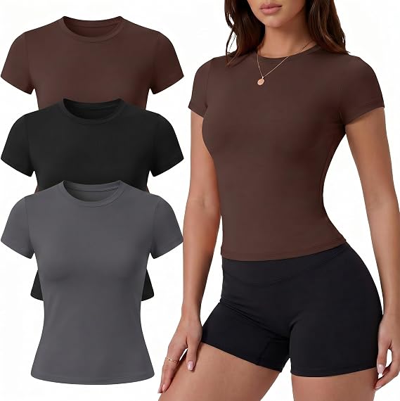 Coume 3 Pack Women's Slim Fit Workout Tops Short Sleeve Compression Shirts Gym Yoga Running Crop Athletic Tees