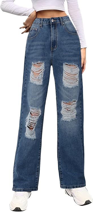 Women Loose Ripped Boyfriends Jeans High Waist Baggy Denim Pants Distressed Wide Leg Jeans Y2K