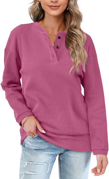 OFEEFAN Womens Casual Sweatshirts Henley Button Up Long Sleeve Tunic Tops