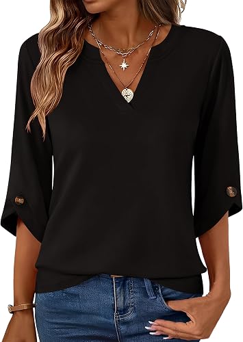 Kistore Womens 3/4 Length Sleeve Tunic Tops Casual Business Work Blouses | V Neck Shirts,Trendy Flowy Tees,Soft,Lightweight,Ladies Elegant Blouse,Formal Classy Tunic