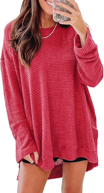 SHEWIN Oversized Sweatshirt for Women Crewneck Long Sleeve Waffle Knit Fall Tops for Women 2026