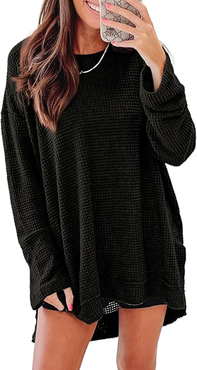 SHEWIN Oversized Sweatshirt for Women Crewneck Long Sleeve Waffle Knit Fall Tops for Women 2026