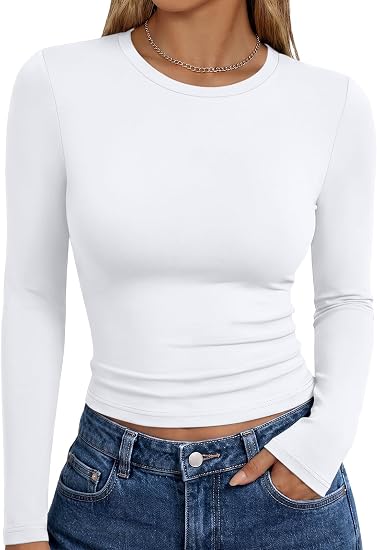 Trendy Queen Womens Long Sleeve T Shirts Fall Fashion Basic Y2K Tops 2026 | Buttery-Soft, Super Stretchy, Fitted Cute Tops, Going Out Basic Tees, Compression Underscrubs Shirts
