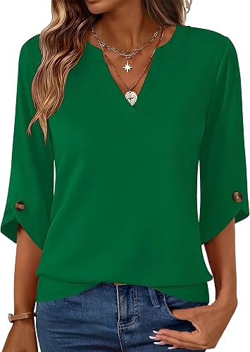 Kistore Womens 3/4 Length Sleeve Tunic Tops Casual Business Work Blouses | V Neck Shirts,Trendy Flowy Tees,Soft,Lightweight,Ladies Elegant Blouse,Formal Classy Tunic