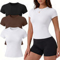 Coume 3 Pack Women's Slim Fit Workout Tops Short Sleeve Compression Shirts Gym Yoga Running Crop Athletic Tees