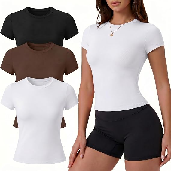 Coume 3 Pack Women's Slim Fit Workout Tops Short Sleeve Compression Shirts Gym Yoga Running Crop Athletic Tees