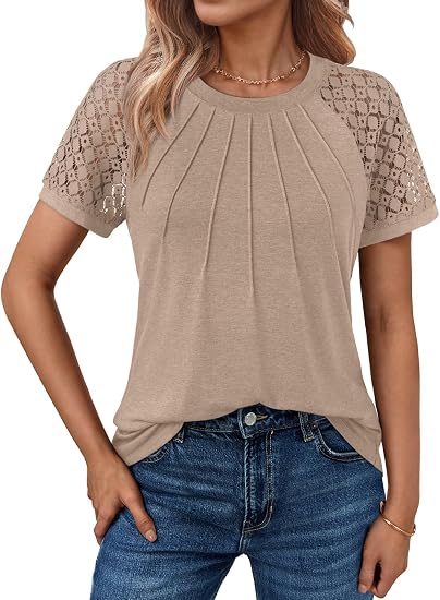 AUTOMET Women's Lace Short Sleeve Tops Business Casual Outfits Work Shirts