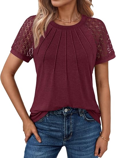 AUTOMET Women's Lace Short Sleeve Tops Business Casual Outfits Work Shirts