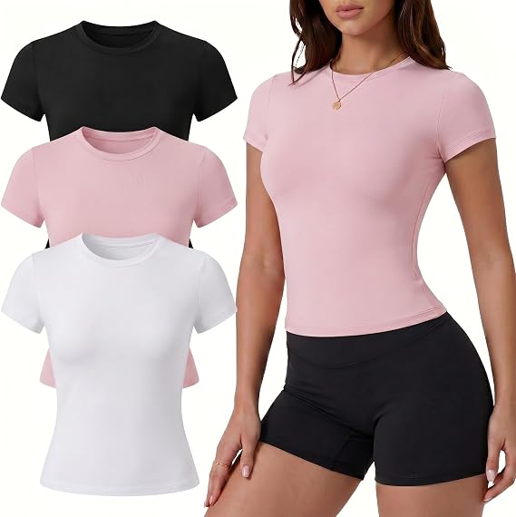 Coume 3 Pack Women's Slim Fit Workout Tops Short Sleeve Compression Shirts Gym Yoga Running Crop Athletic Tees