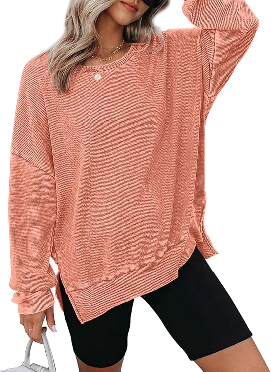 Dokotoo Sweatshirt for Women Oversized Waffle Knit Crewneck Sweatshirts Long Sleeve Side Slits Casual Pullover Tops
