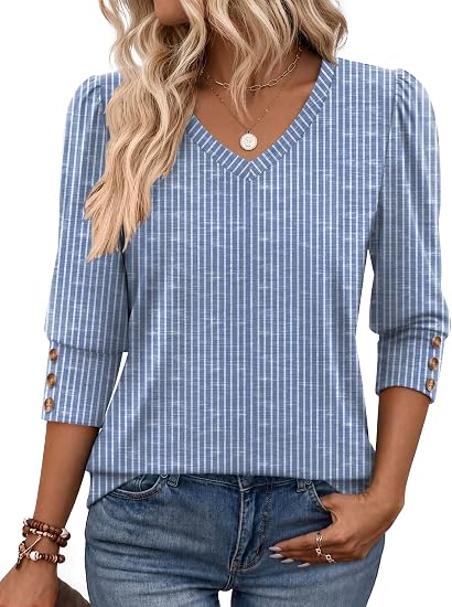 Zeagoo Womens 3/4 Sleeve V Neck T Shirts Dressy Casual Tops | Business Work Tops, Going Out Blouse, Early Fall Fashion Outfits, Soft Basic Tee