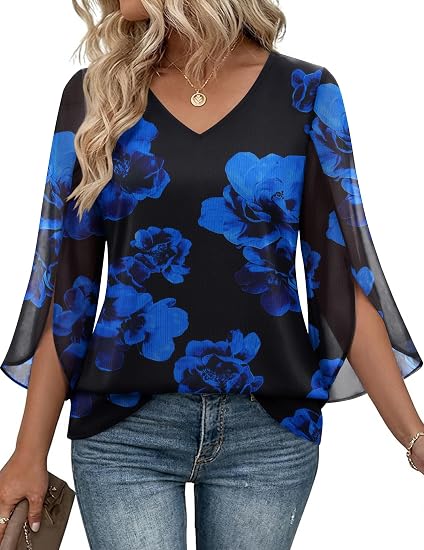 Zeagoo Women Blouses Ruffle 3/4 Sleeve Sequin Top V Neck Double Layer Tunic | Women Blouses,V Neck Shape,Ruffle 3/4 Sleeve，Comfortable Elegant Tunic，Dressy Casual Lightweight Summer Outfit, 2026 Fashion