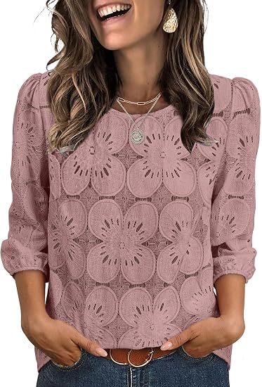 Sampeel Women Blouses Dressy Casual 3/4 Length Sleeve Tops Eyelet Lace Spring Summer Shirts Beach Vacation Clothes