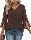 Zeagoo Women Blouses Ruffle 3/4 Sleeve Sequin Top V Neck Double Layer Tunic | Women Blouses,V Neck Shape,Ruffle 3/4 Sleeve，Comfortable Elegant Tunic，Dressy Casual Lightweight Summer Outfit, 2026 Fashion