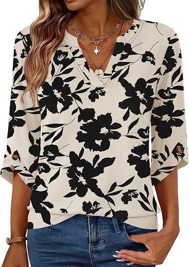 Kistore Womens 3/4 Length Sleeve Tunic Tops Casual Business Work Blouses | V Neck Shirts,Trendy Flowy Tees,Soft,Lightweight,Ladies Elegant Blouse,Formal Classy Tunic