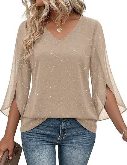 Zeagoo Women Blouses Ruffle 3/4 Sleeve Sequin Top V Neck Double Layer Tunic | Women Blouses,V Neck Shape,Ruffle 3/4 Sleeve，Comfortable Elegant Tunic，Dressy Casual Lightweight Summer Outfit, 2026 Fashion